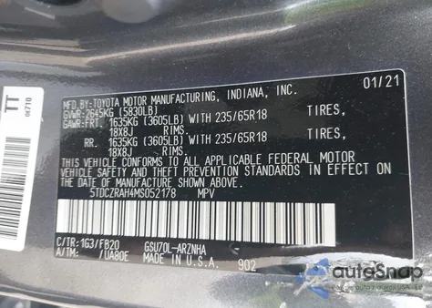 2021 Toyota Highlander L z USA, uszkodzony, nr VIN 5TDCZRAH4MS052178